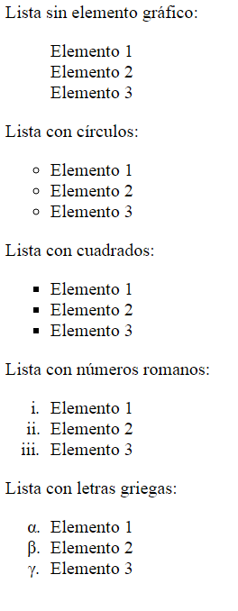 Cinco listas con marcadores distintos: ninguno, círculo, cuadrado, números romanos y letras griegas.