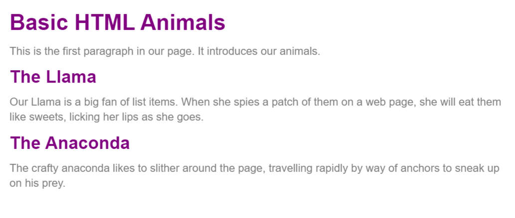 Texto Basic HTML Animals con un título principal y dos apartados dedicados a la llama y la anaconda.