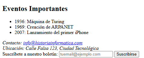 Eventos importantes, contacto y suscripción al boletín.