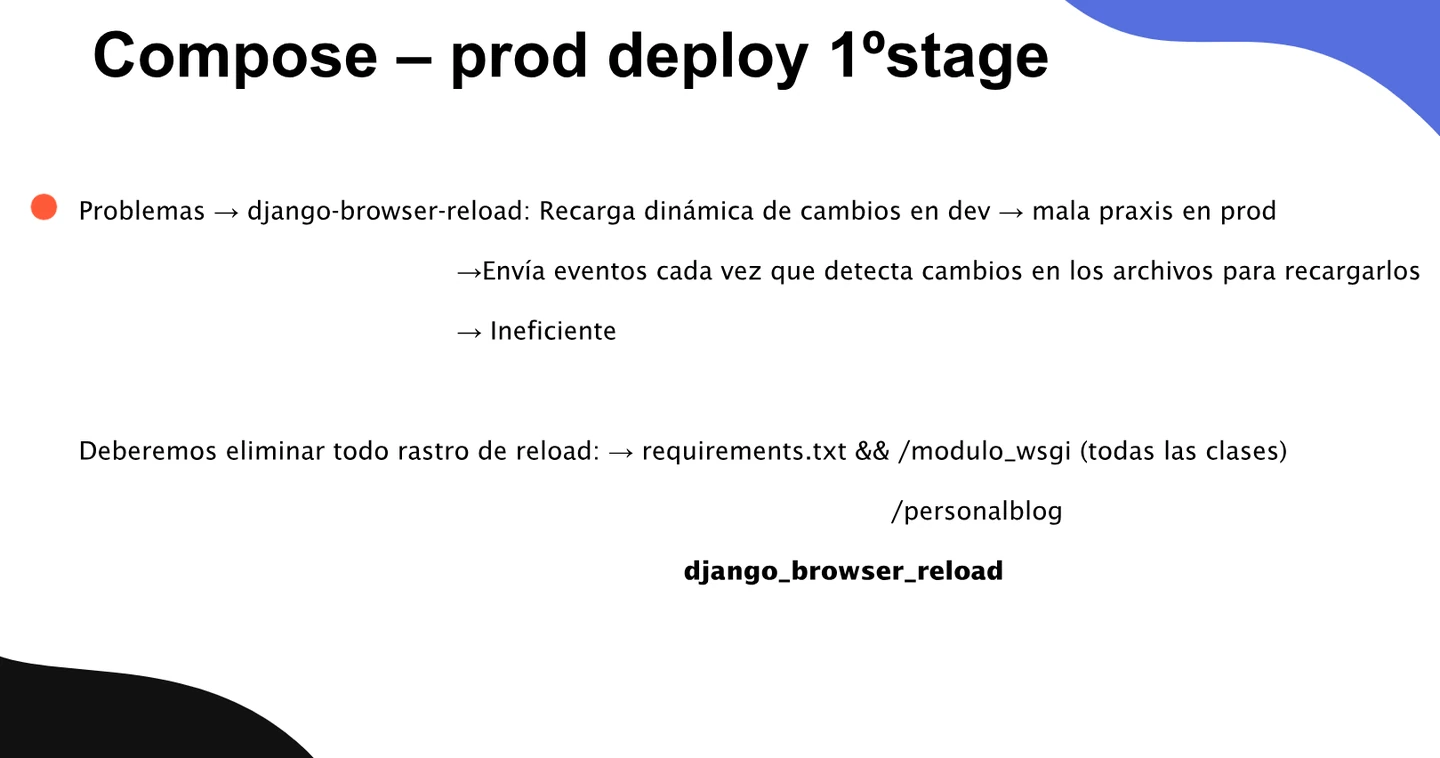La configuración de producción debe retirar django-browser-reload de las dependencias y de sus referencias en el paquete personalblog.