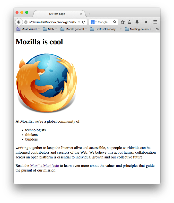 Página de referencia: Mozilla is cool, logo de Firefox, lista y enlace al manifiesto.