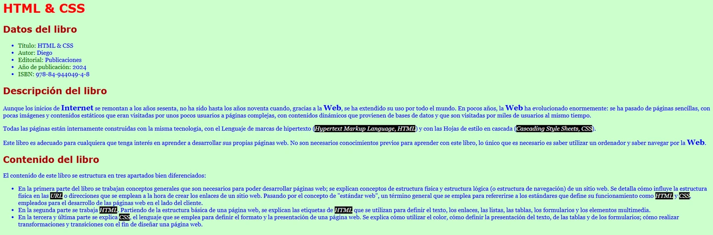 Resultado de referencia: página HTML & CSS, fondo verde claro, título rojo y fragmentos de texto destacados.