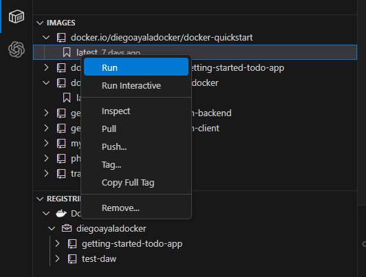 Menú contextual de una imagen en VS Code con las opciones Pull, Push y Tag.