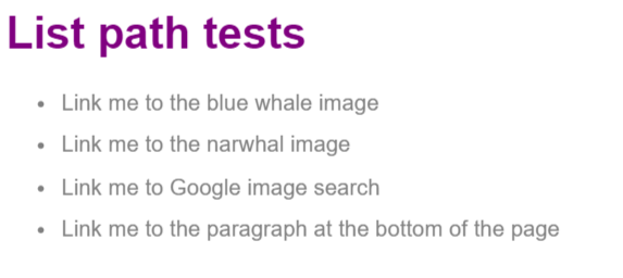 Cuatro textos de enlace del ejercicio List path tests.