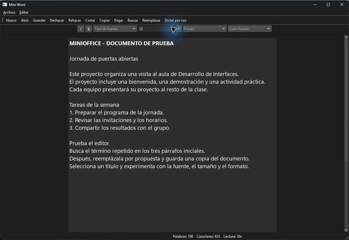 Mini Word de Sonia Guevara García en ejecución con menús Archivo y Editar, herramientas de formato, documento de ejemplo y contador de palabras