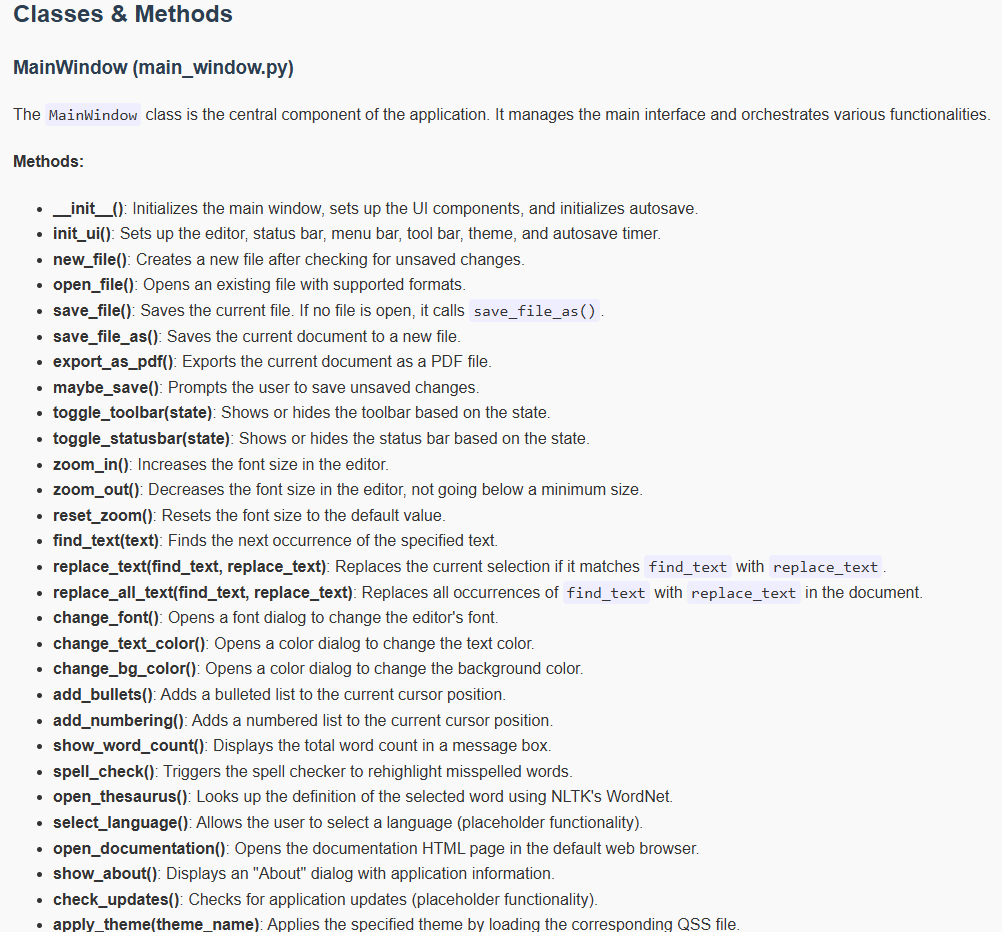 Documentación de la clase MainWindow y sus métodos.