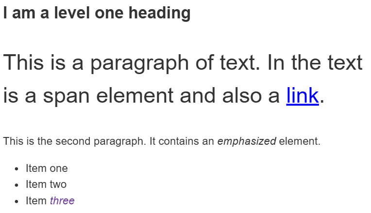 Texto, dos párrafos y lista utilizados para practicar selectores descendentes y hermanos adyacentes.