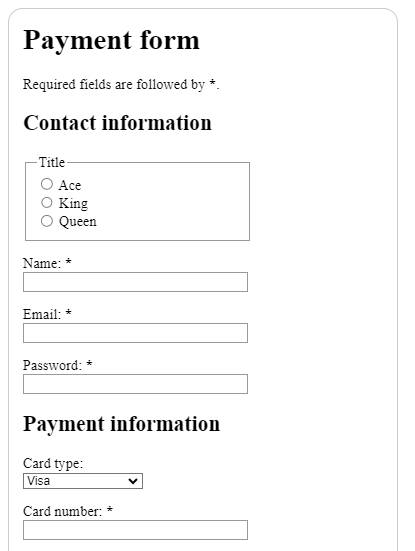 Primera parte del formulario de pago, con datos de contacto y tarjeta.