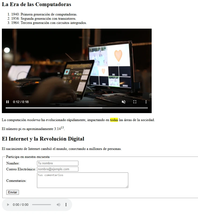 Generaciones, vídeo, formulario de encuesta y audio.