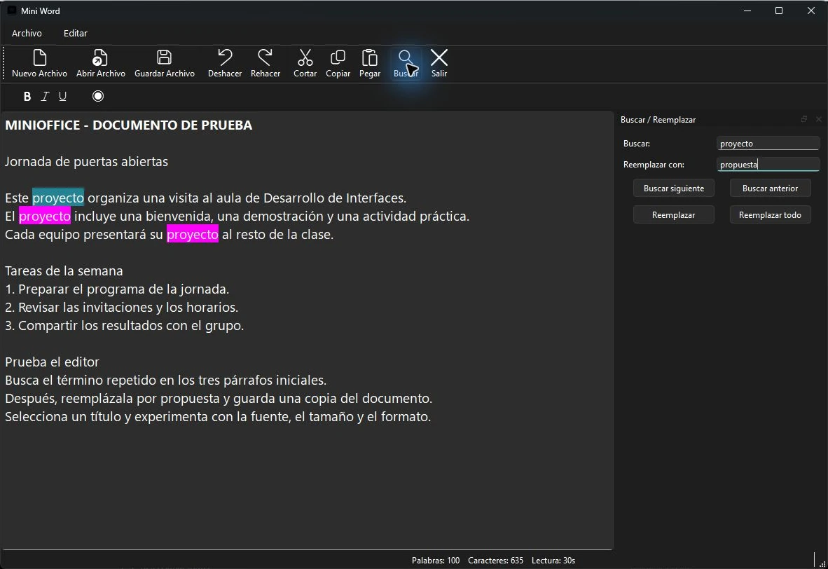 MiniOffice de Javier Alcaraz en ejecución con los campos Buscar y Reemplazar, y las coincidencias resaltadas en el documento