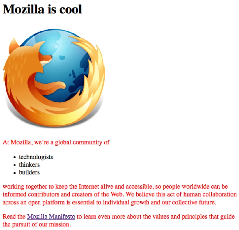 Página Mozilla con los párrafos en rojo y el resto del contenido conservado.