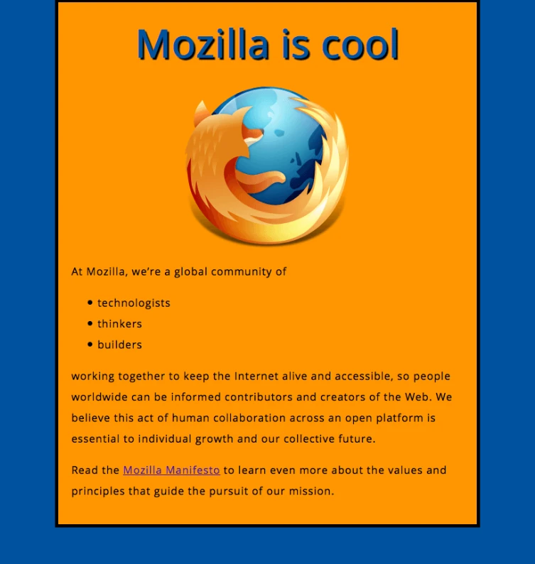 Página Mozilla con fondo exterior azul, cuerpo naranja centrado con borde negro, título con sombra e imagen centrada.