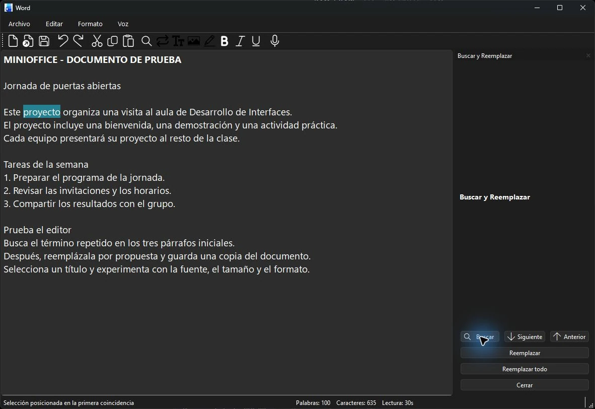 MiniDock de Joaquín Carrasco Gómez en ejecución con un documento de ejemplo y el panel de búsqueda y reemplazo a la derecha