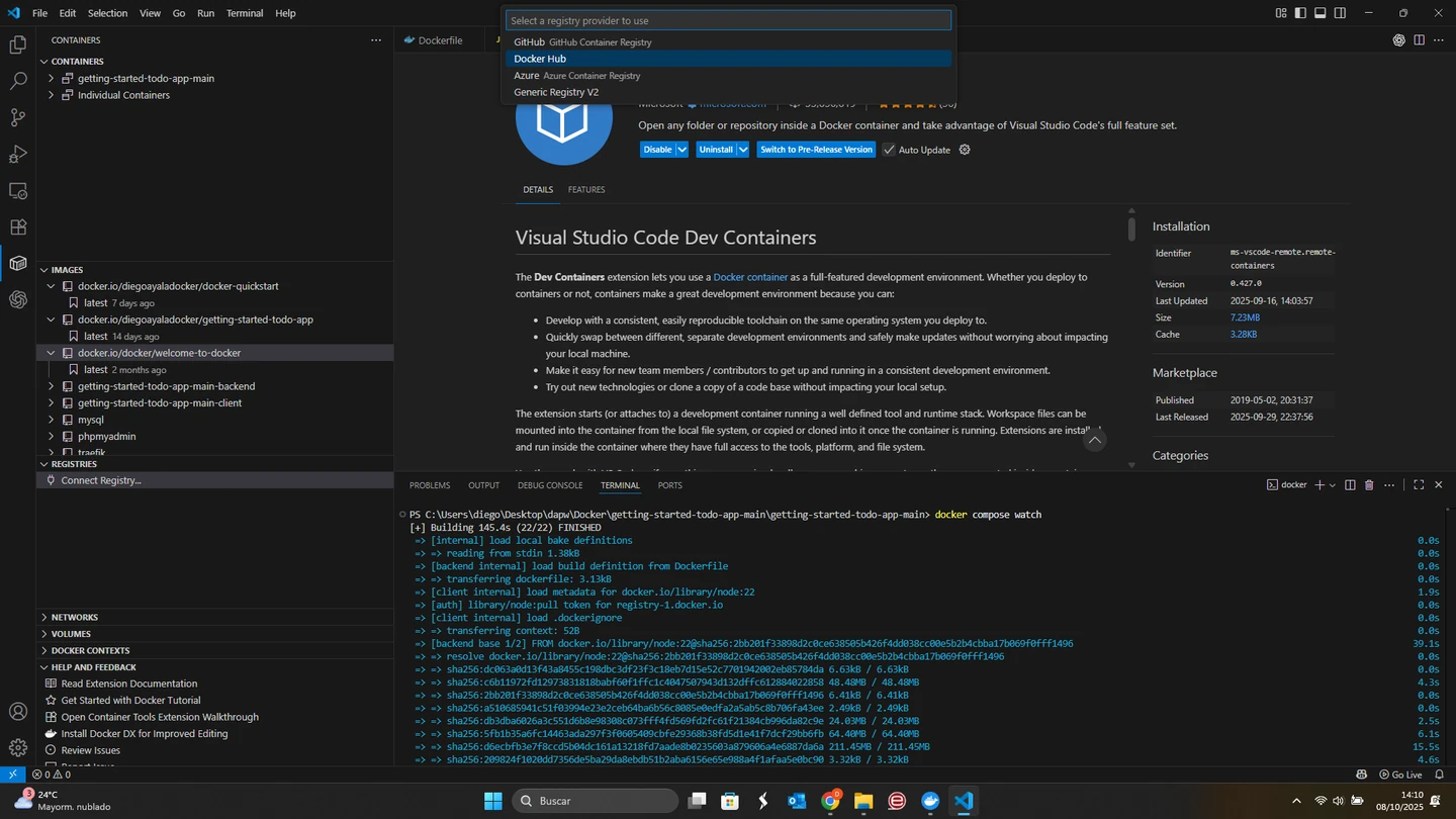 VS Code muestra la opción Connect Registry y Docker Hub como proveedor de registro.