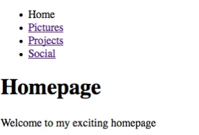 Menú con Home sin enlace y enlaces a Pictures, Projects y Social.