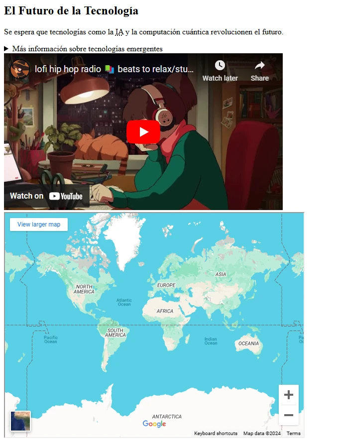 Futuro de la tecnología, información desplegable, vídeo y mapa.